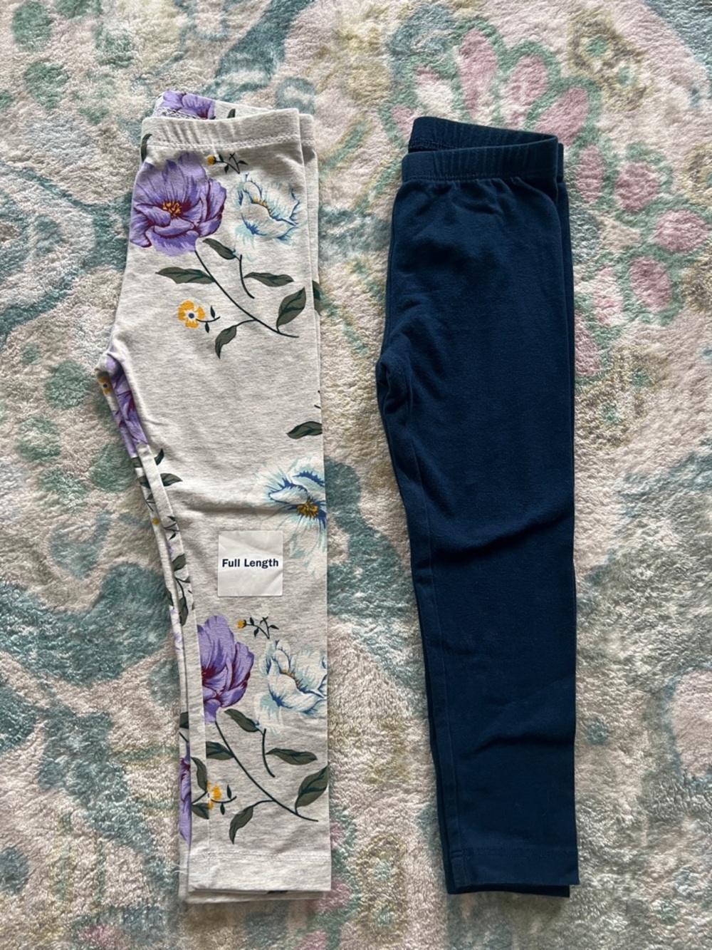 Girls' Floral Gray Full-Length Leggings & Navy Solid Leggings - set